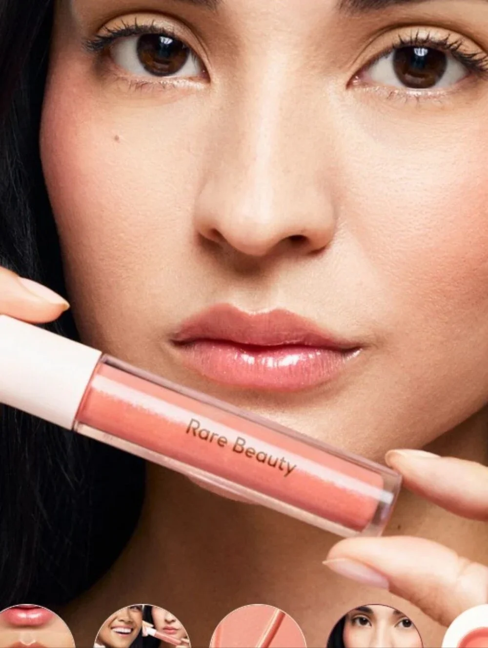 RARE BEAUTY Beam Lip Gloss — Peachy Coral with Pink Pearl